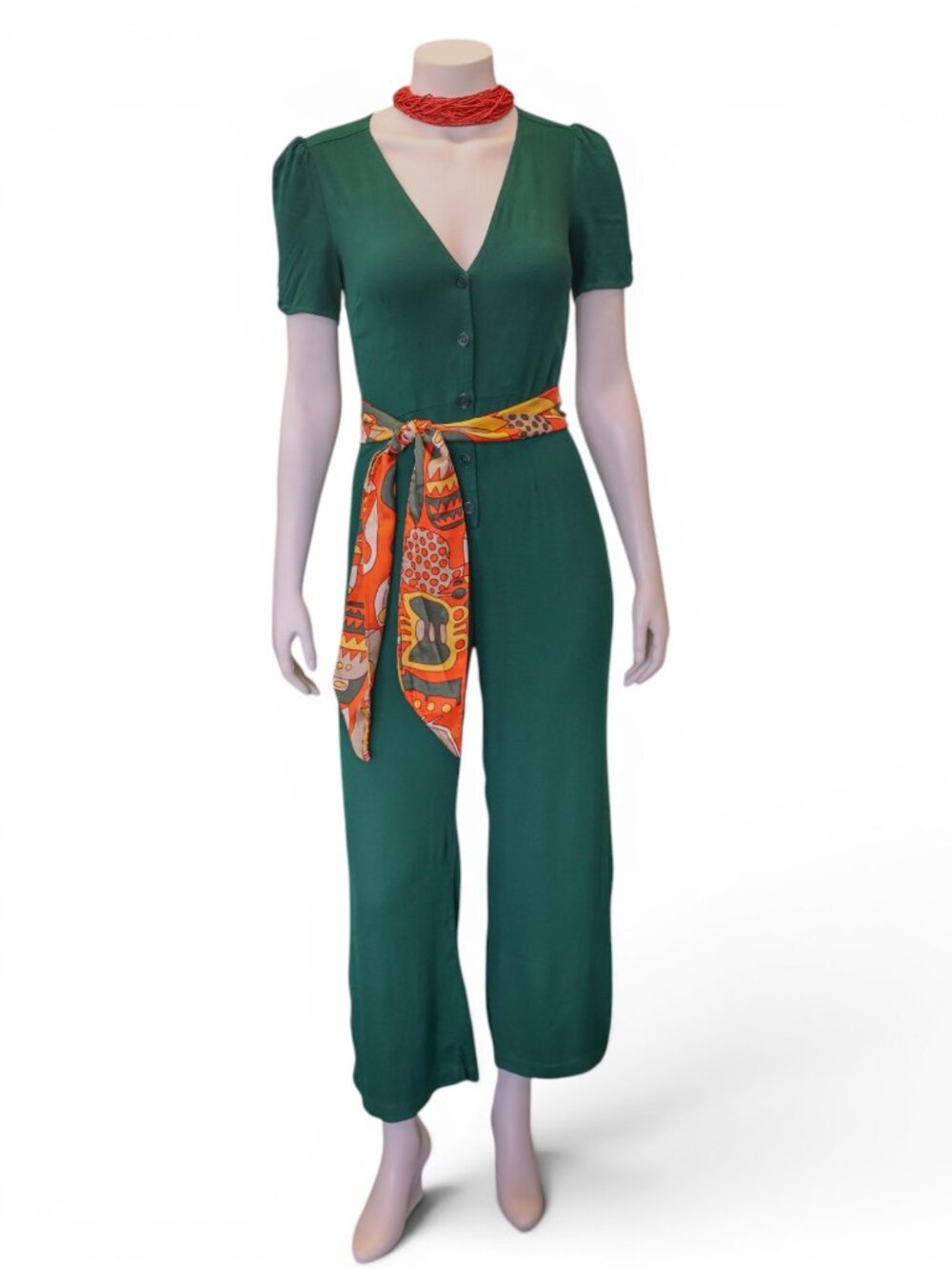 Reformation Emerald Green Button Front Jumpsuit Puff Sleeve Cropped Romper